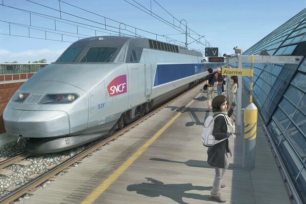 High-speed train and a girl at the station