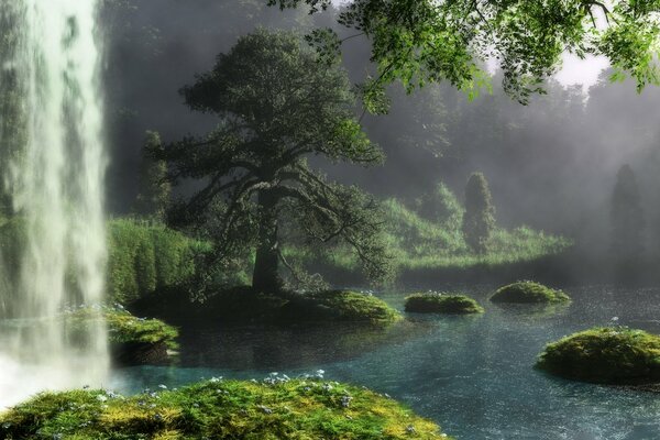 Landscape of waterfall and trees