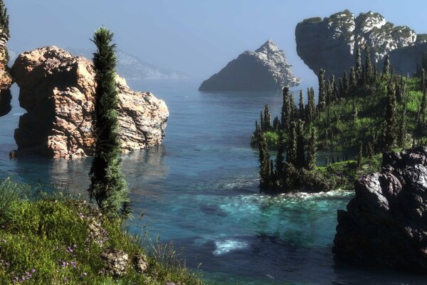 Paysage de roches dans la surface de la mer