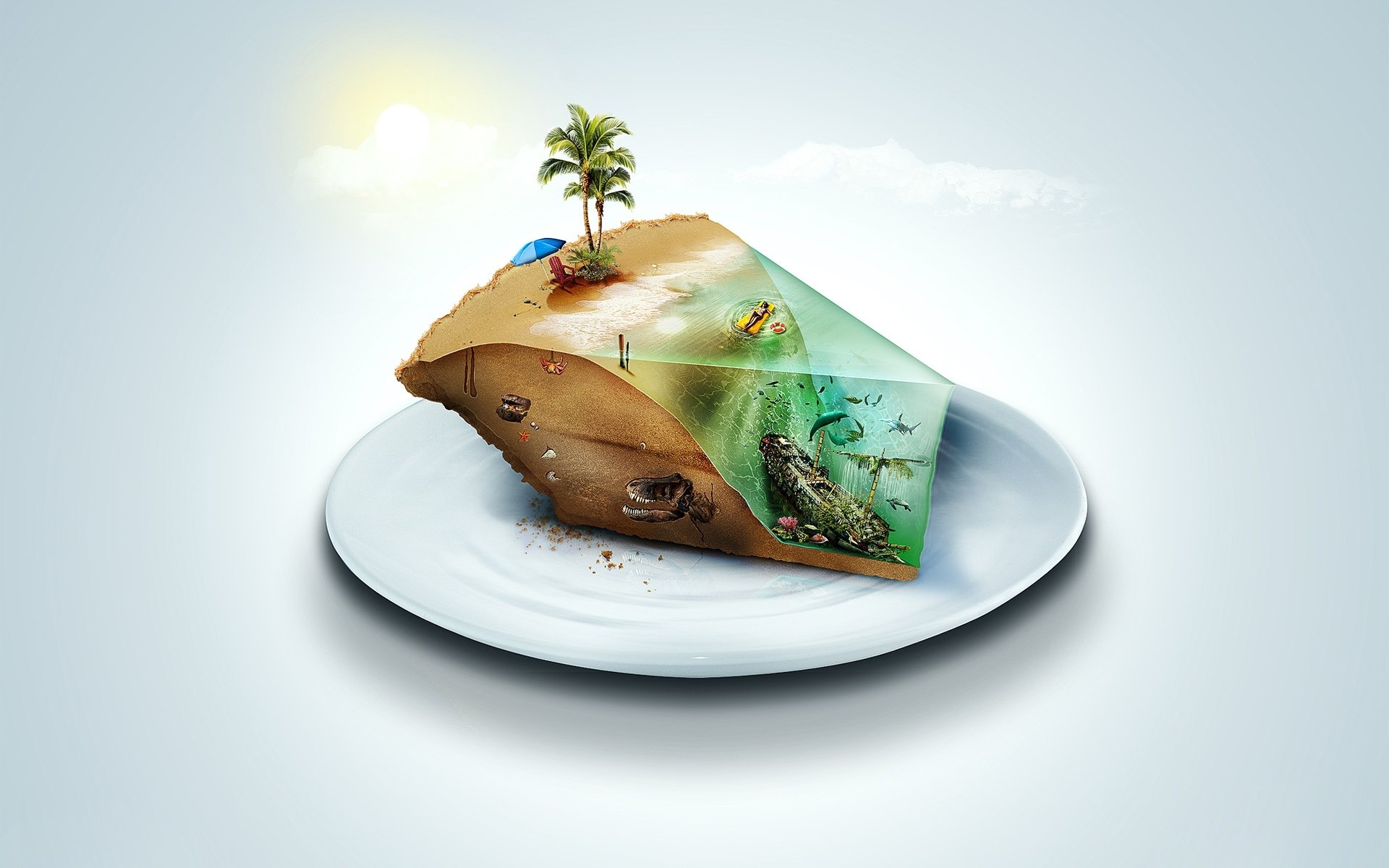 teller insel strand kuchen torte stück boden dinosaurier weiblich matratze kreis meer ozean wasser sommer urlaub sand regenschirm hitze stuhl sonne himmel wolken