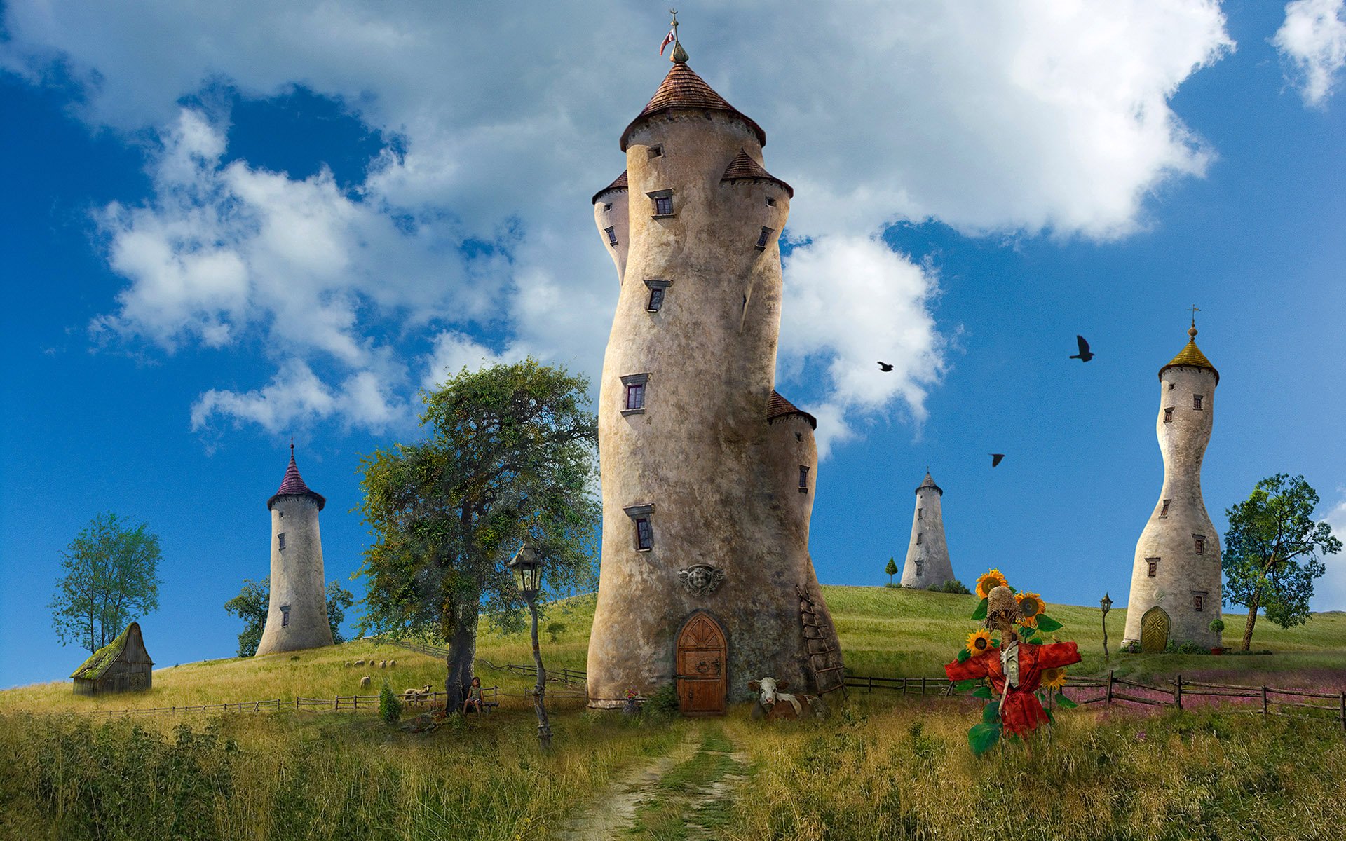 les tours les nuages l épouvantail la fille le bétail