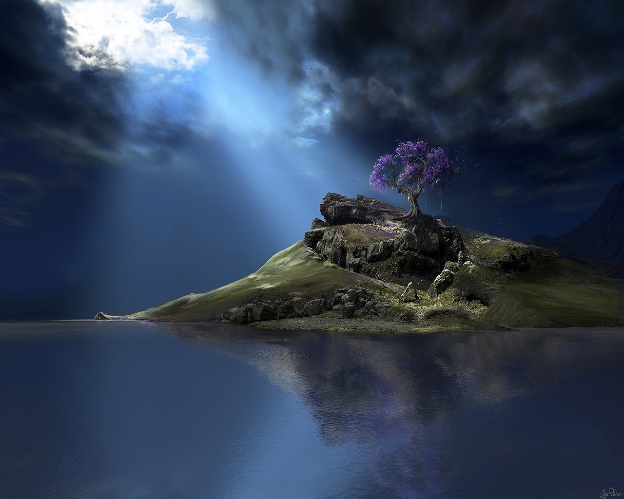 isla agua fantasía árbol cielo nubes