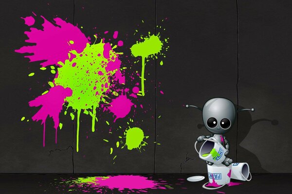 Cartone animato piccolo robot disegna sul muro con colori vivaci 3D