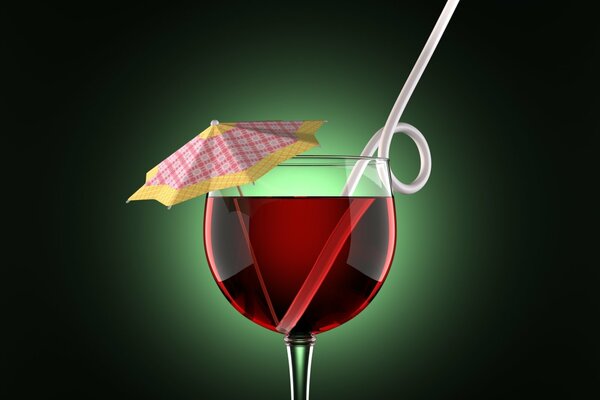 A glass of wine with an umbrella and a straw