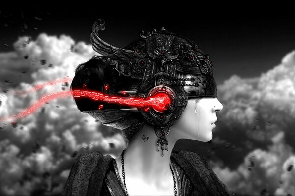 Imagen futurista de una niña en un casco con auriculares