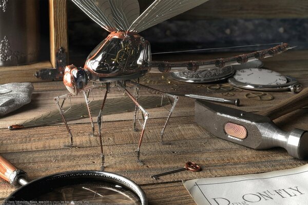 Mechanical animated orange dragonfly assembly