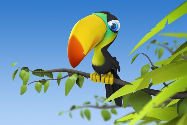 Toucan is sitting on the branches among the leaves