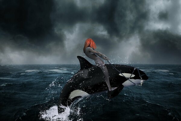 A girl riding a killer whale