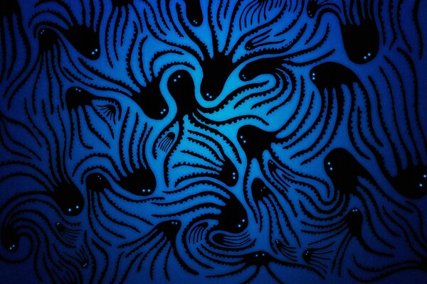 Pattern of black octopuses on a blue background