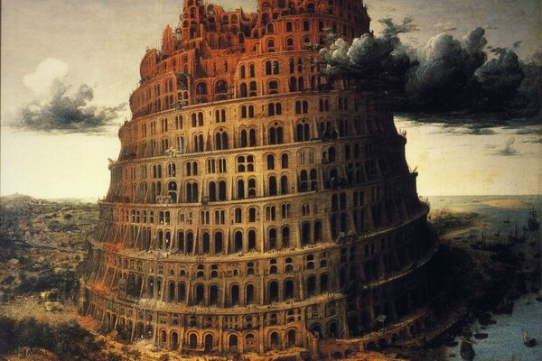 Dibujo de la torre de Babel y el río con nubes