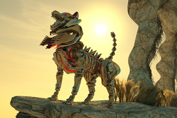 Perro de hierro en el fondo de la puesta de sol