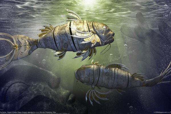 Peces robot en el agua cerca de la estatua