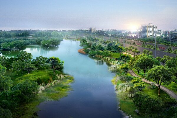 Río ancho en el parque de la ciudad