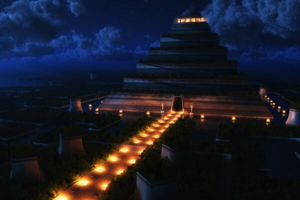 Piramide-tempio illuminato nella notte