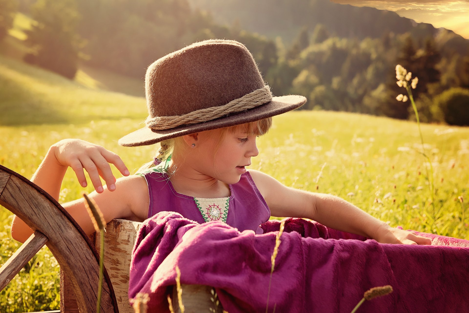 la fille de la nature l été la prairie un chapeau un chariot