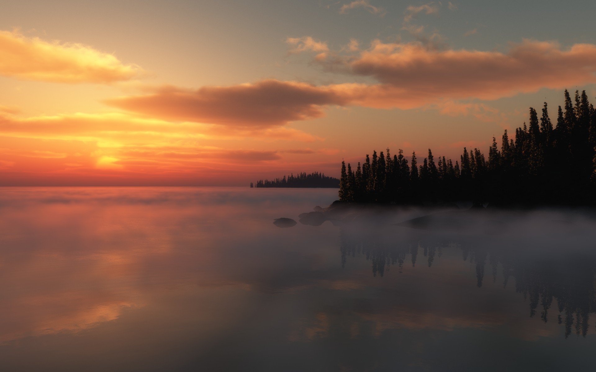 tramonto lago nebbia alberi