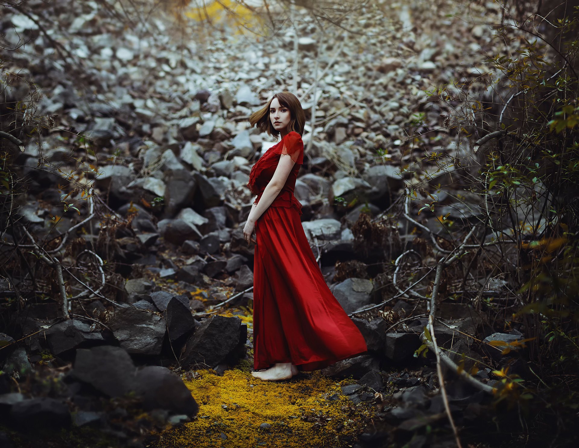 ronny garcia no way out girl dress in red stones forest