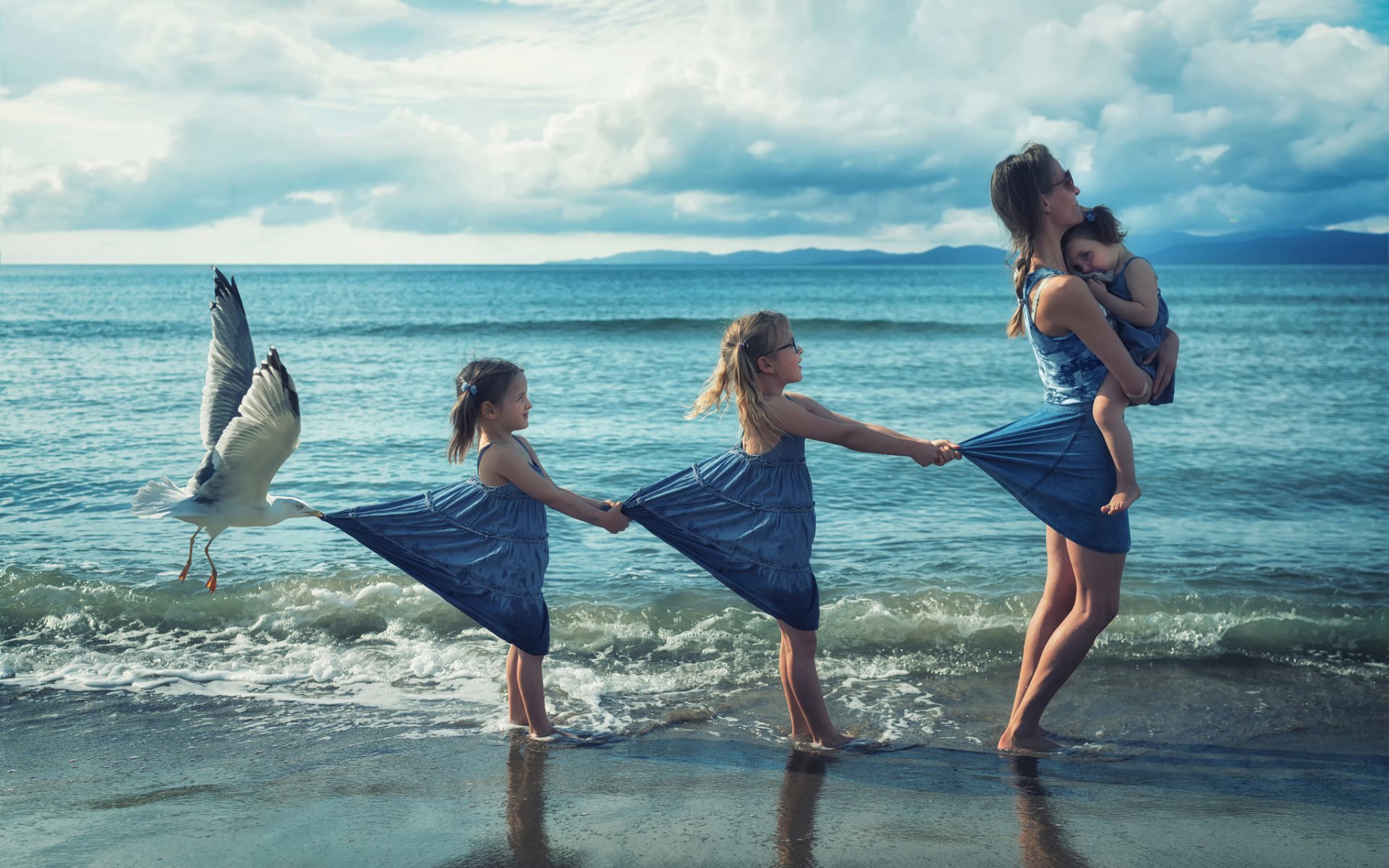 mädchen mama möwe ufer surfen