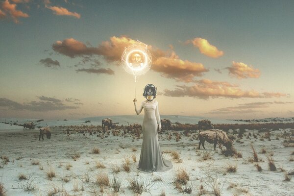 A girl and buffaloes at sunset in the steppe