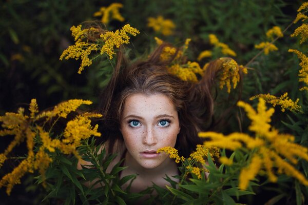 A girl with freckles in a mimosa thicket