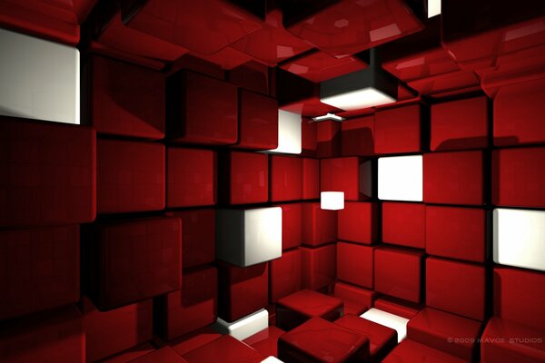 3d room of red and white cubes