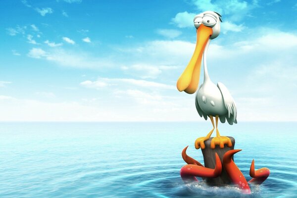 Cartoon albatross stands in the water