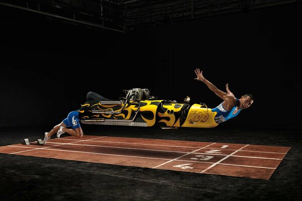 The symbiosis of an athlete and a yellow-black car for better speed