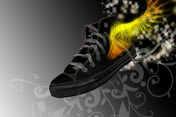 Black sneaker on a dark background with patterns