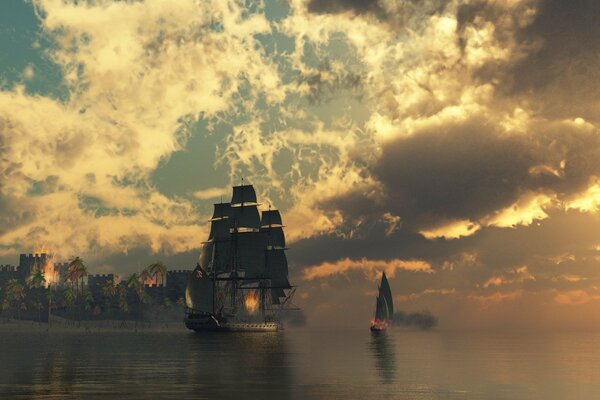 Bateaux sur l eau, sur fond de ciel avec des nuages