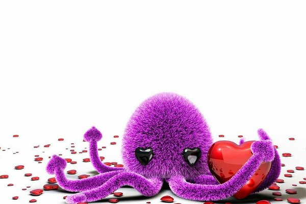 Pulpo peludo con corazón sobre fondo blanco