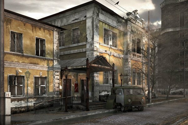 Old abandoned two-storey buildings near the pavement