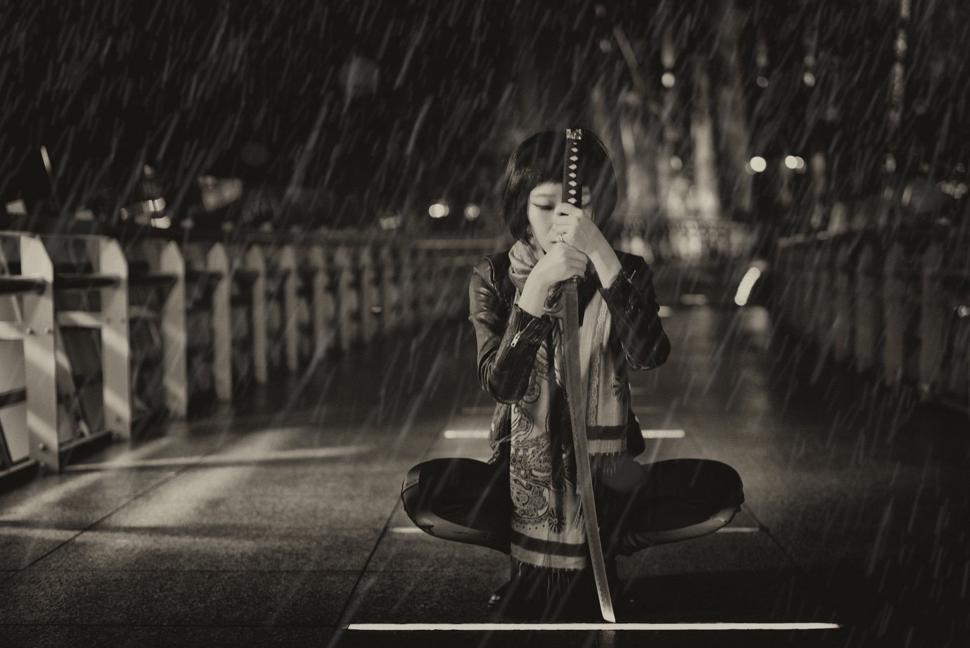 girl asian katana sword rain background