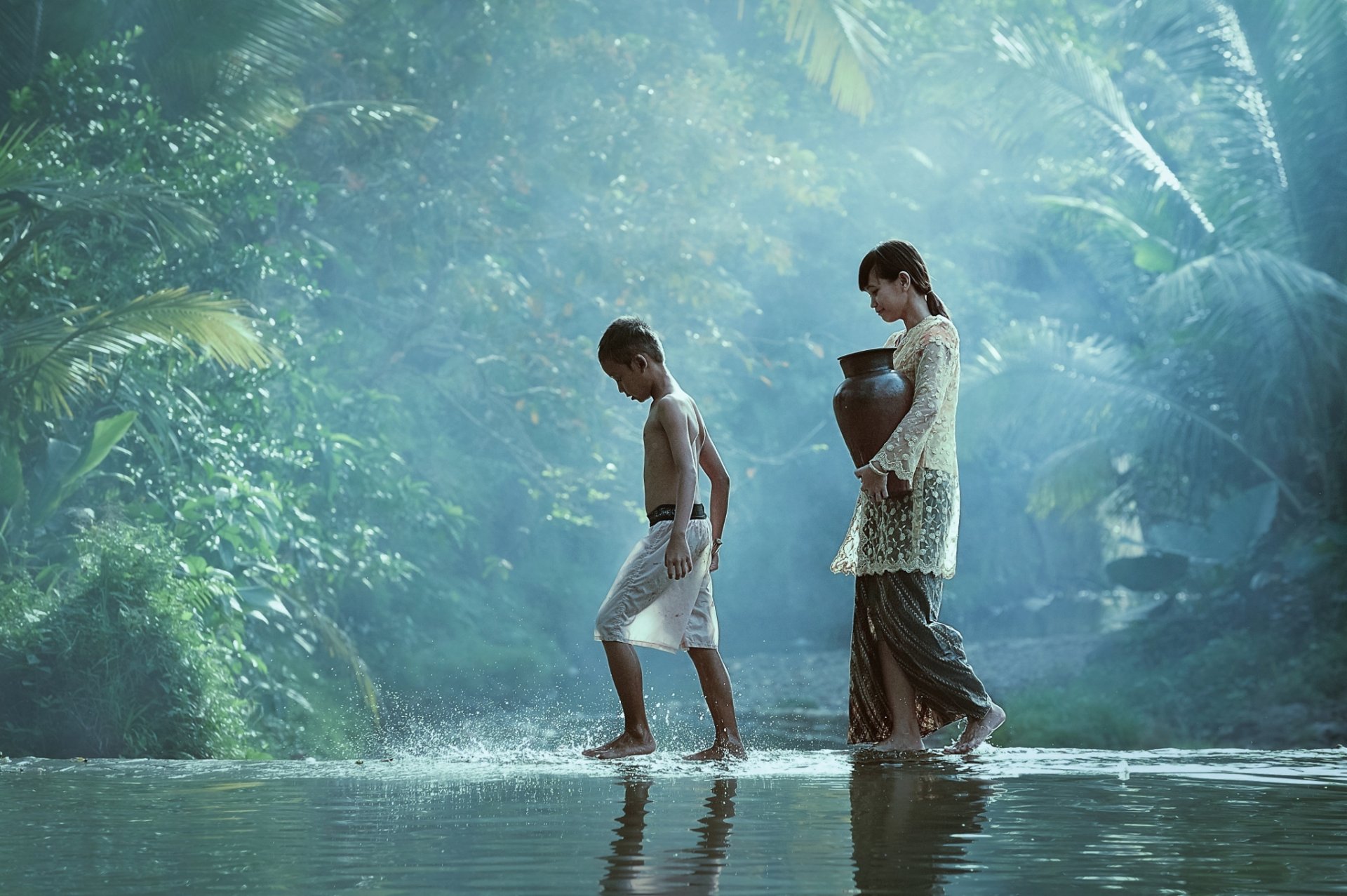 children boy girl village river jug jungle sister brother stream go come home water girl back home