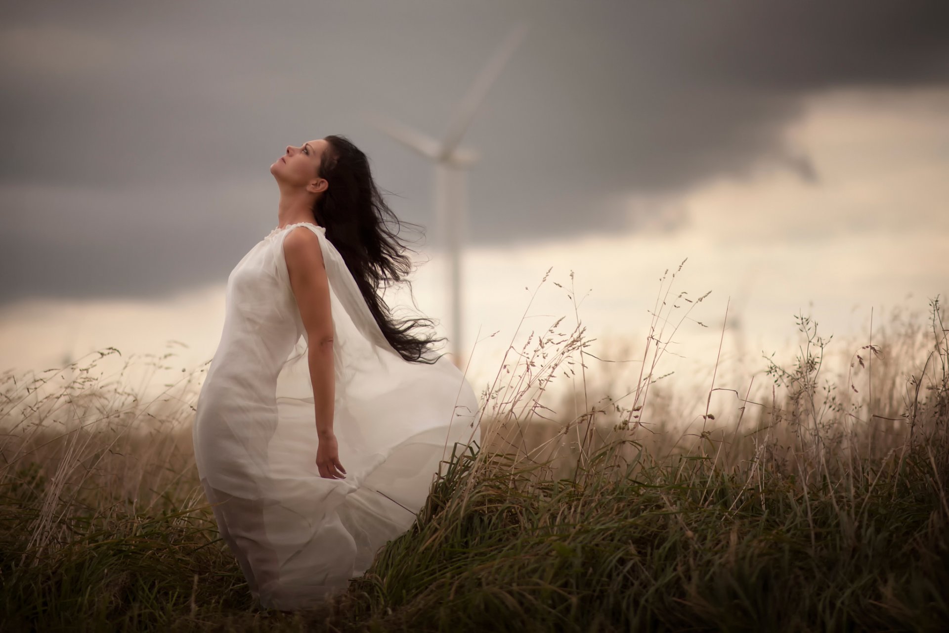 girl the field a windmill storm