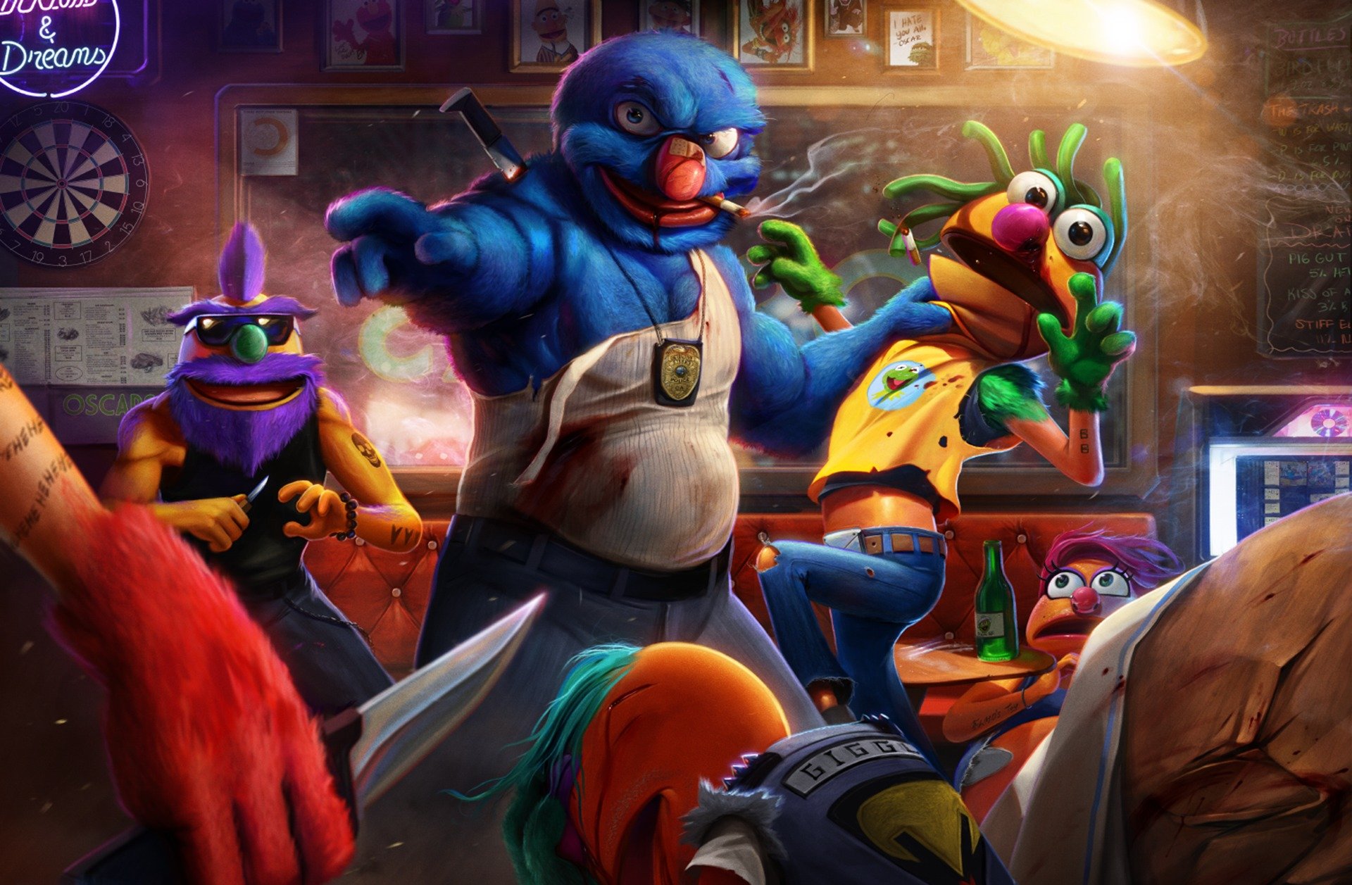 grover muppet the streets art disassembly bar fight police