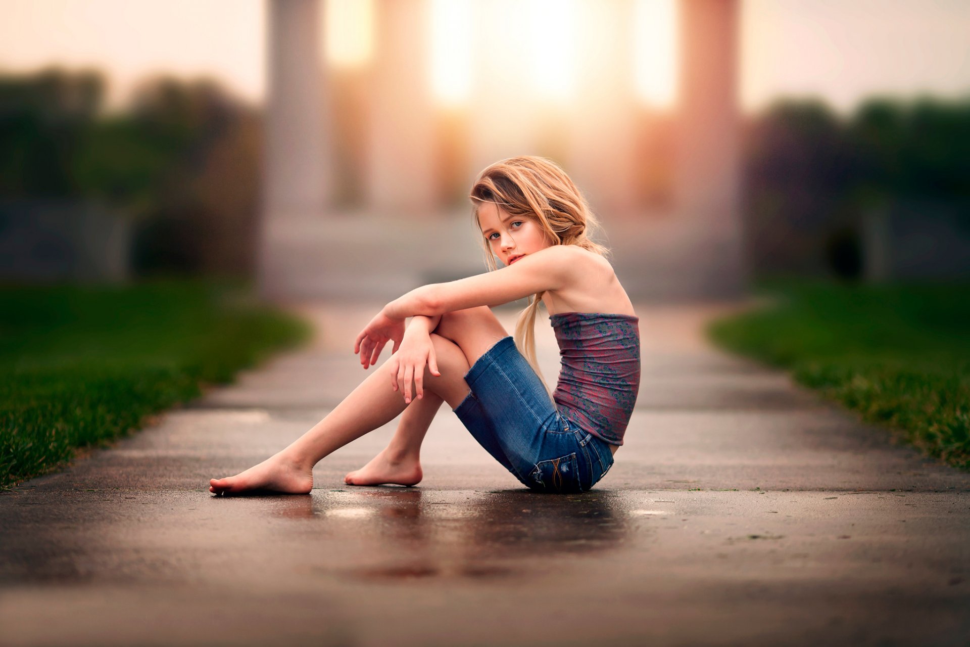 reflections girl asphalt after the rain child photography