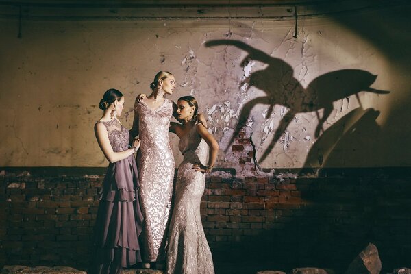 The shadow of a spider on the wall behind the backs of three girls