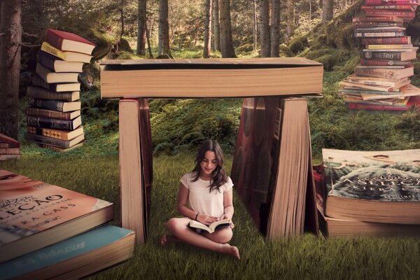 Ragazza seduta nel bosco tra un mucchio di libri