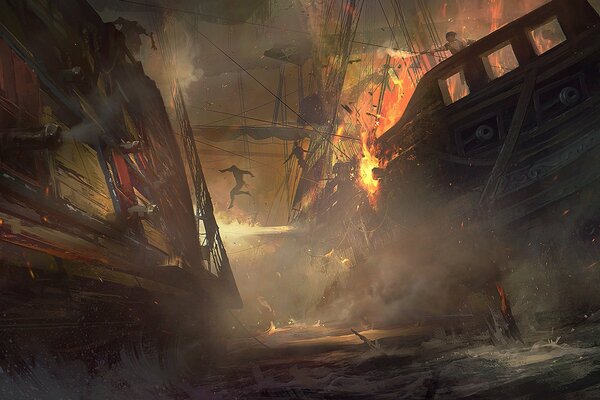 Explosion on a ship in the sea cannon