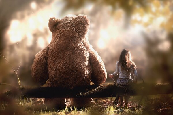 A big bear and a little girl are sitting on a tree branch