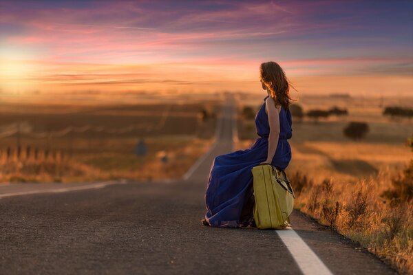 Travel and road girl with suitcase