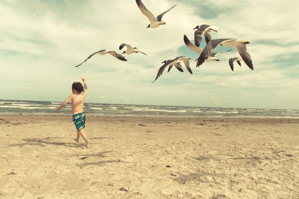 Bambino che corre dietro i gabbiani sulla spiaggia Retro filtro