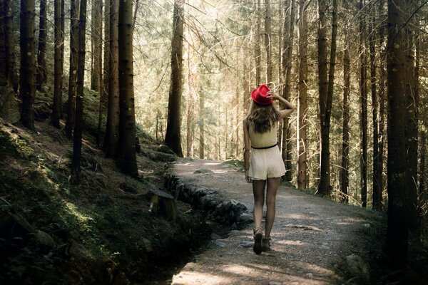 Bella ragazza nella foresta su una passeggiata