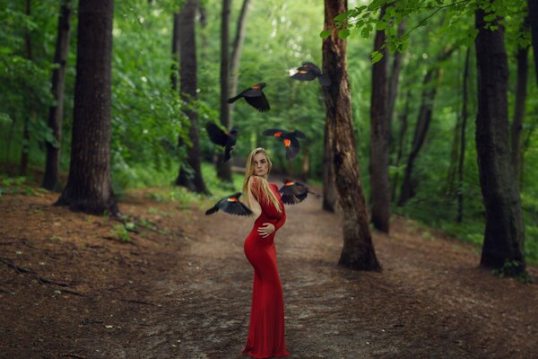 A girl in a beautiful dress stands in the middle of the forest surrounded by birds