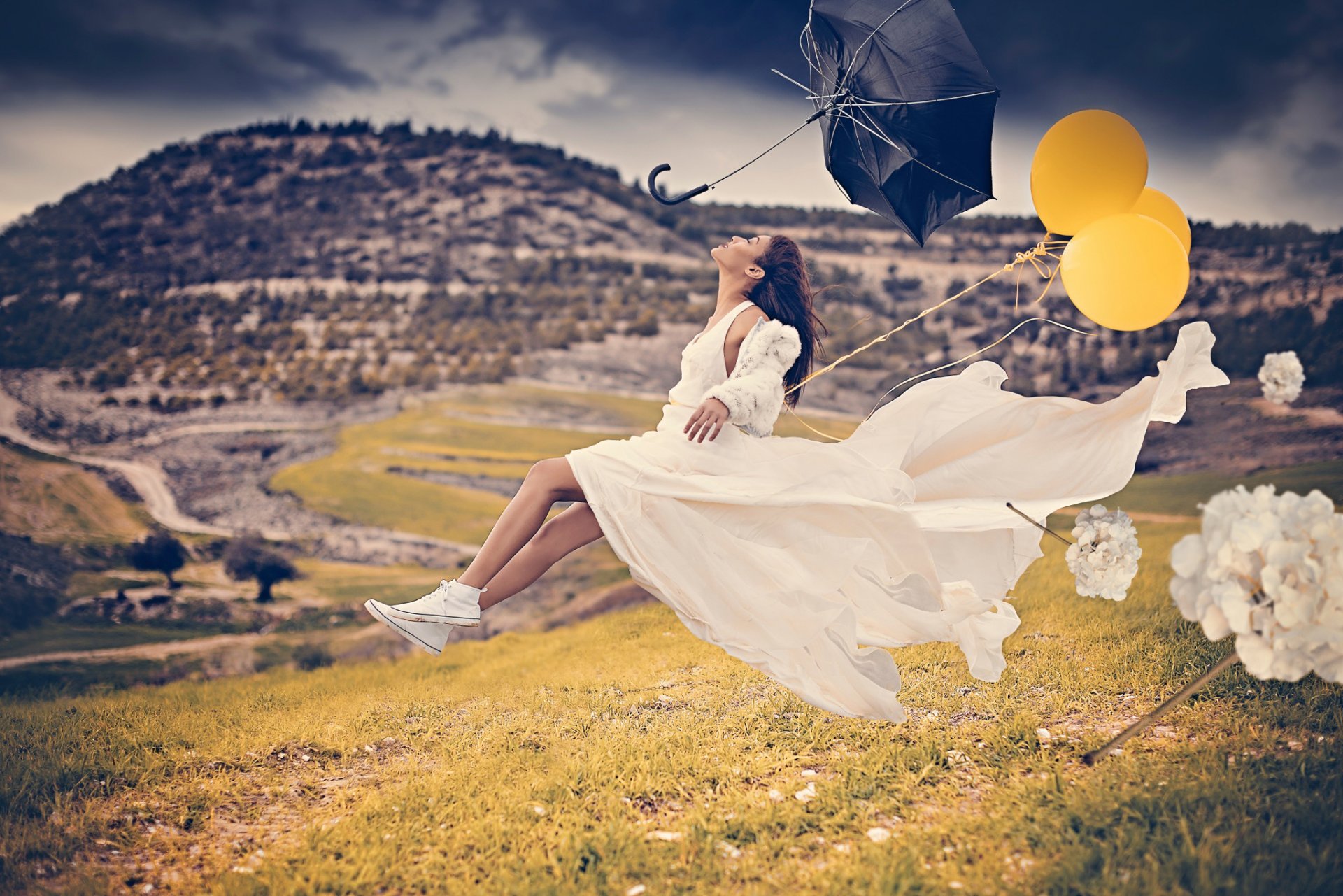 the flying bride girl umbrella balls wind