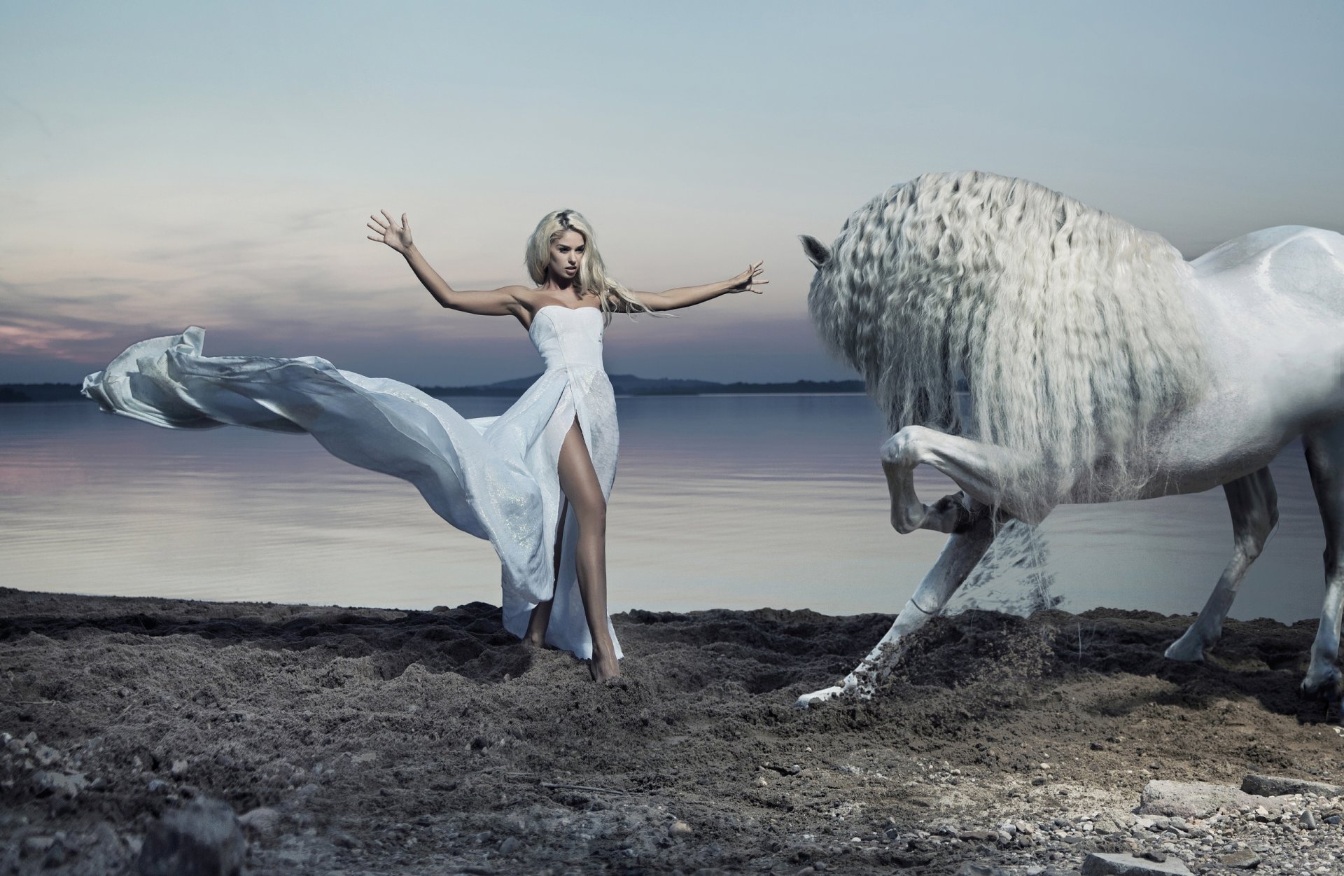 la jeune fille la robe le cheval cheval l arc la crinière le lac