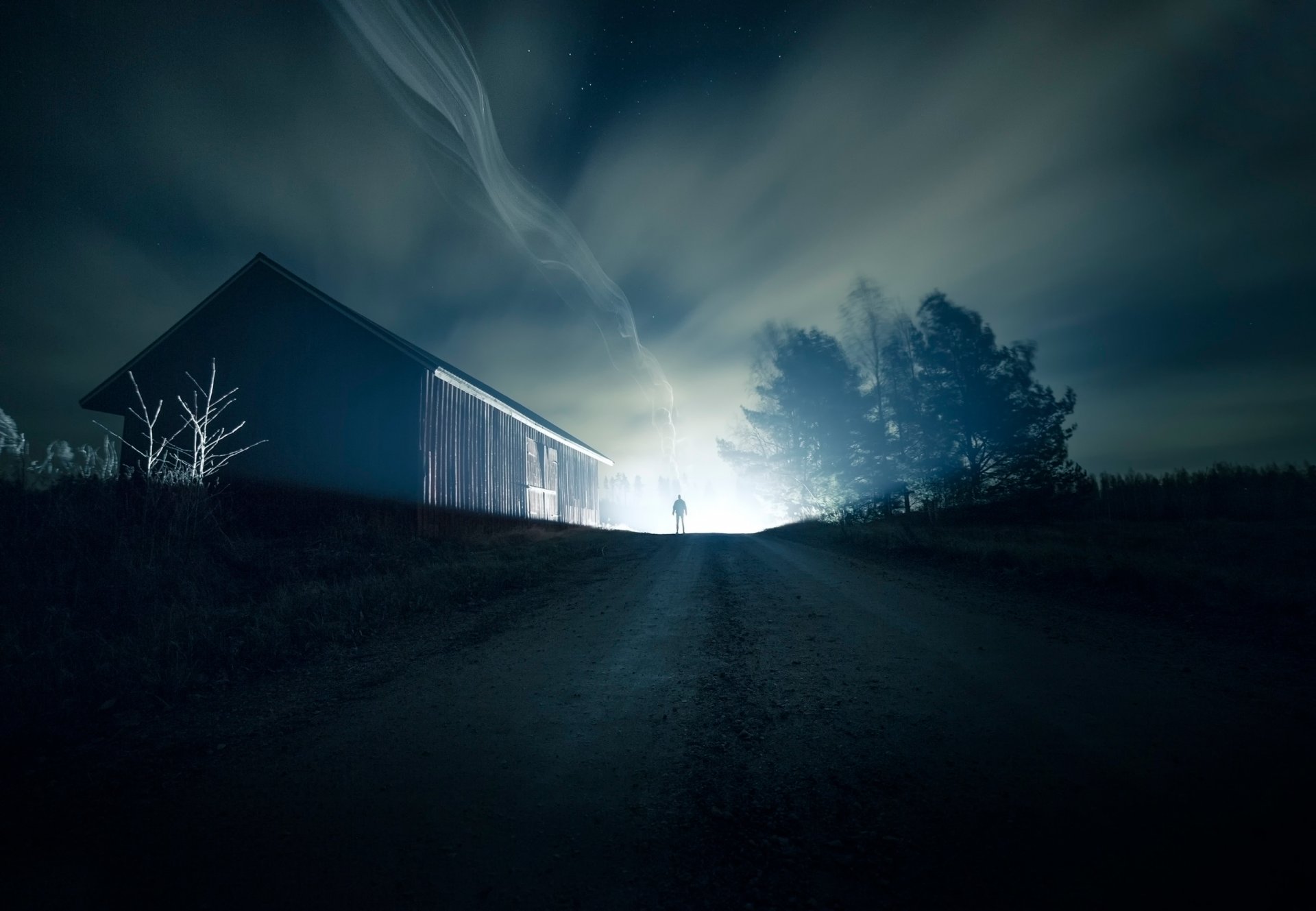 noche camino luz silueta