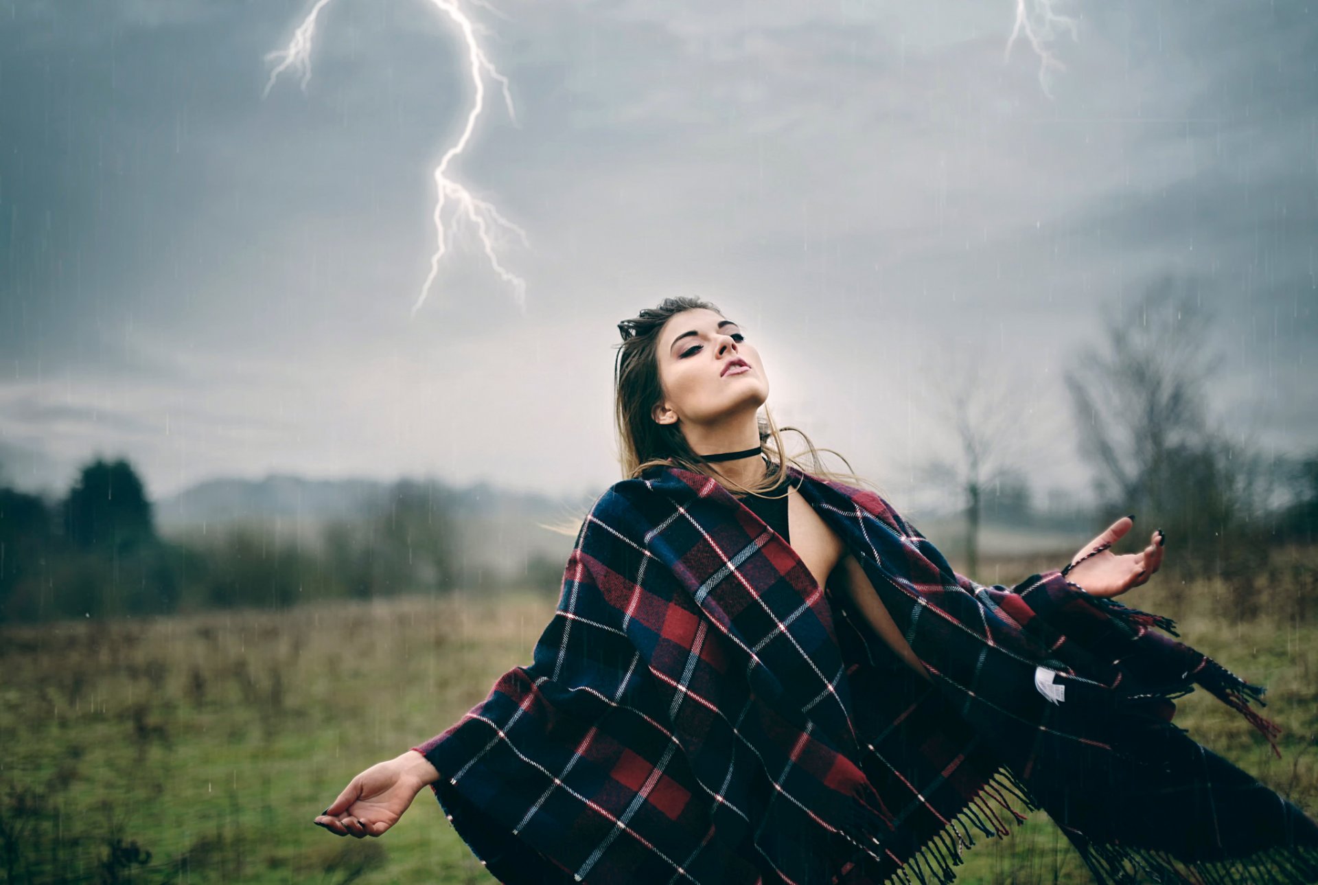 girl lightning rain weather wind