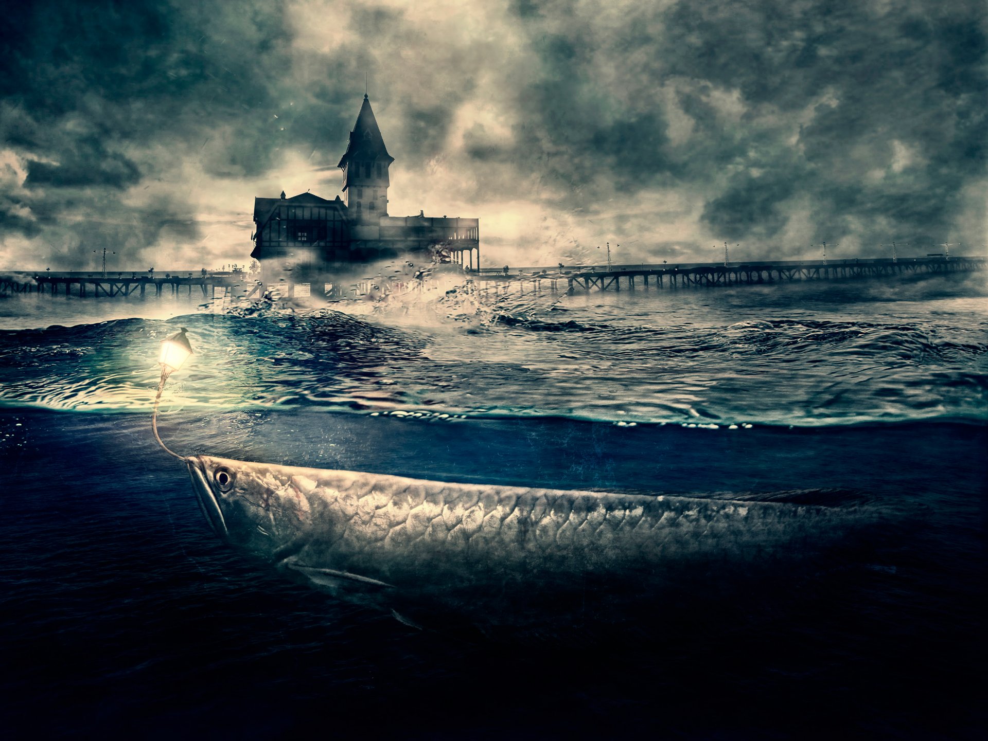 big fish fish waves pier light art fantasy