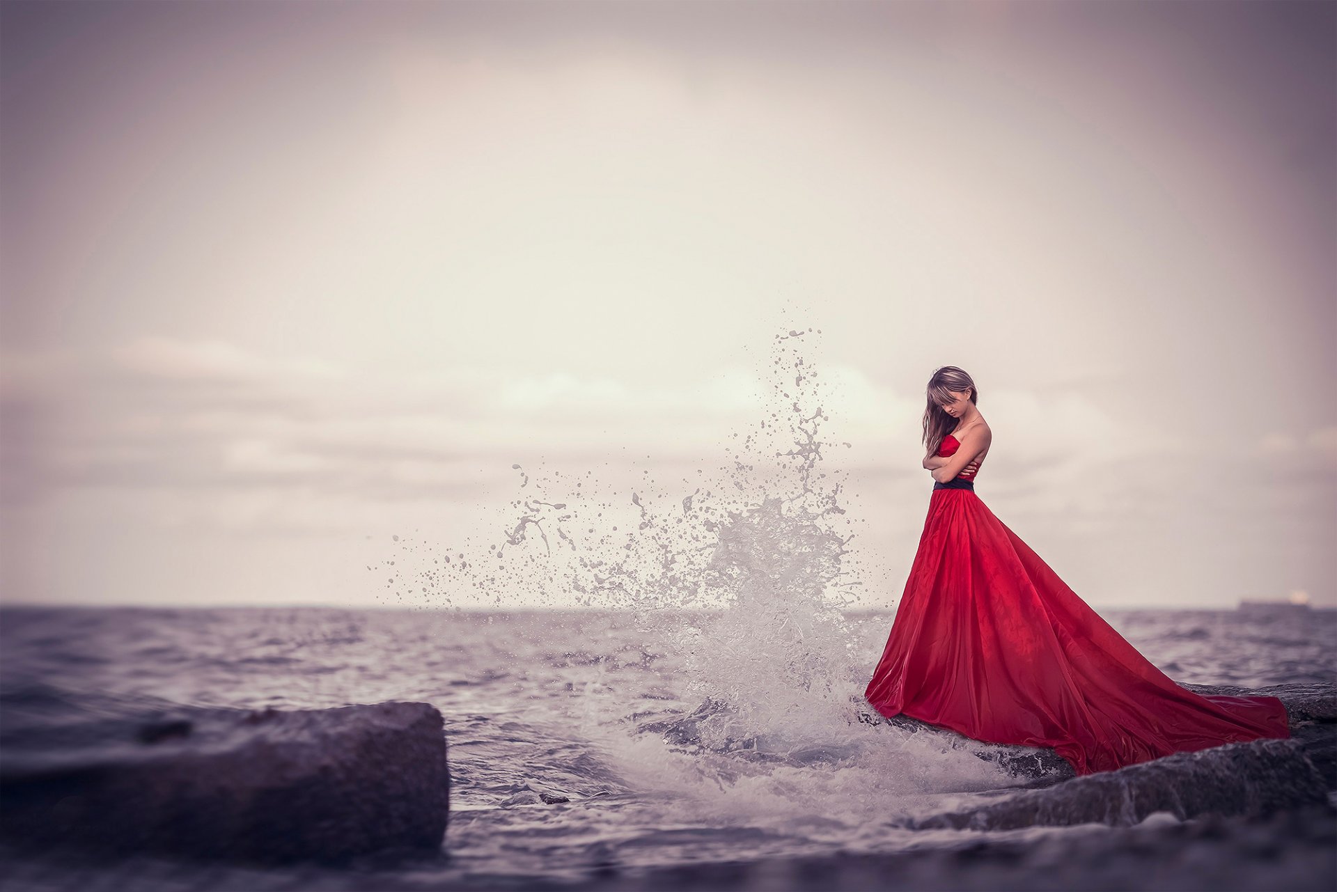 girl at the sea wave spray waves red dre